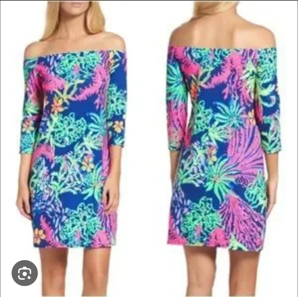 Lilly Pulitzer Womens Laurana Blue Floral Mini Off-Shoulder Dress SZ M
